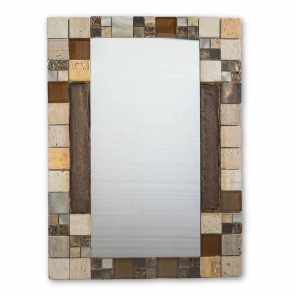 Espejo rectangular mini azulejos de mármol, venecitas metálicas vidriadas y textura.